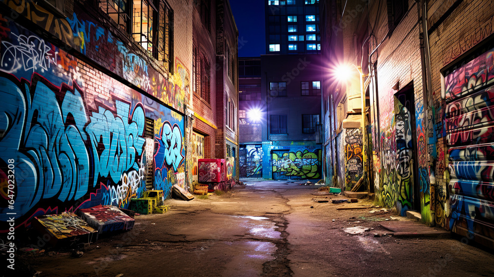 Fototapeta premium グラフィティだらけの夜の路地裏