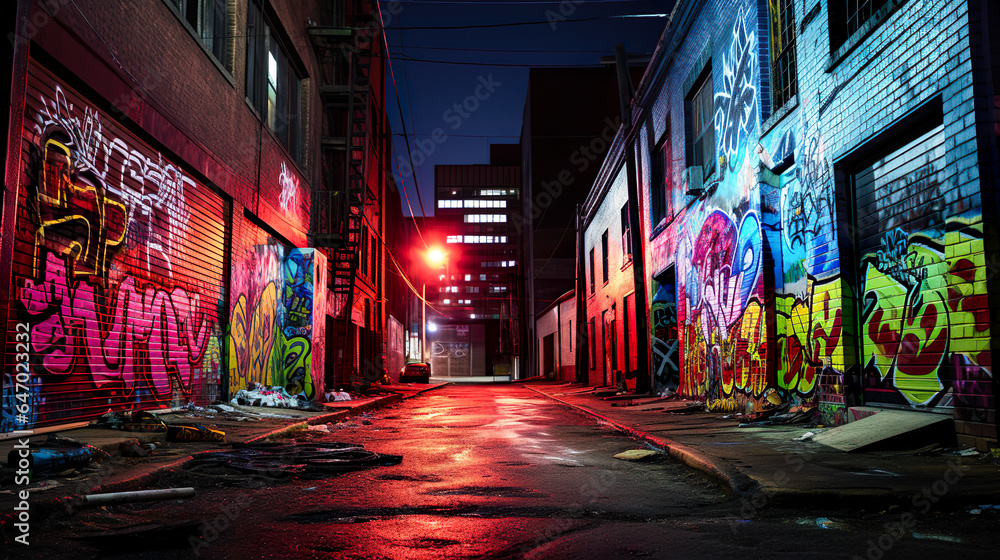 Naklejka premium グラフィティだらけの夜の路地裏