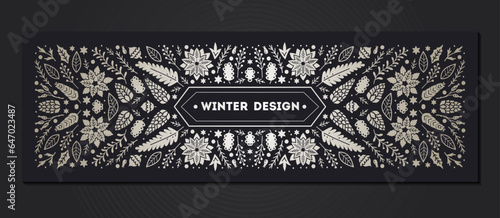 Luxury Christmas frame, abstract sketch winter floral design templates for xmas products. Geometric monochrome square, holly silver backgrounds with fir tree. Use for package, branding, decoration,