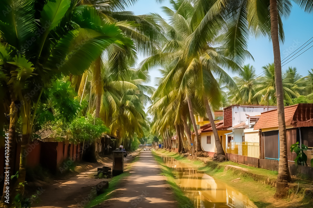 Typical South Indian village , Homes on either side of the canal surrounded with coconut trees, Generative AI image. Typical South Indian village , Homes on either side of the canal surrounded with coconut trees, Generative AI image.