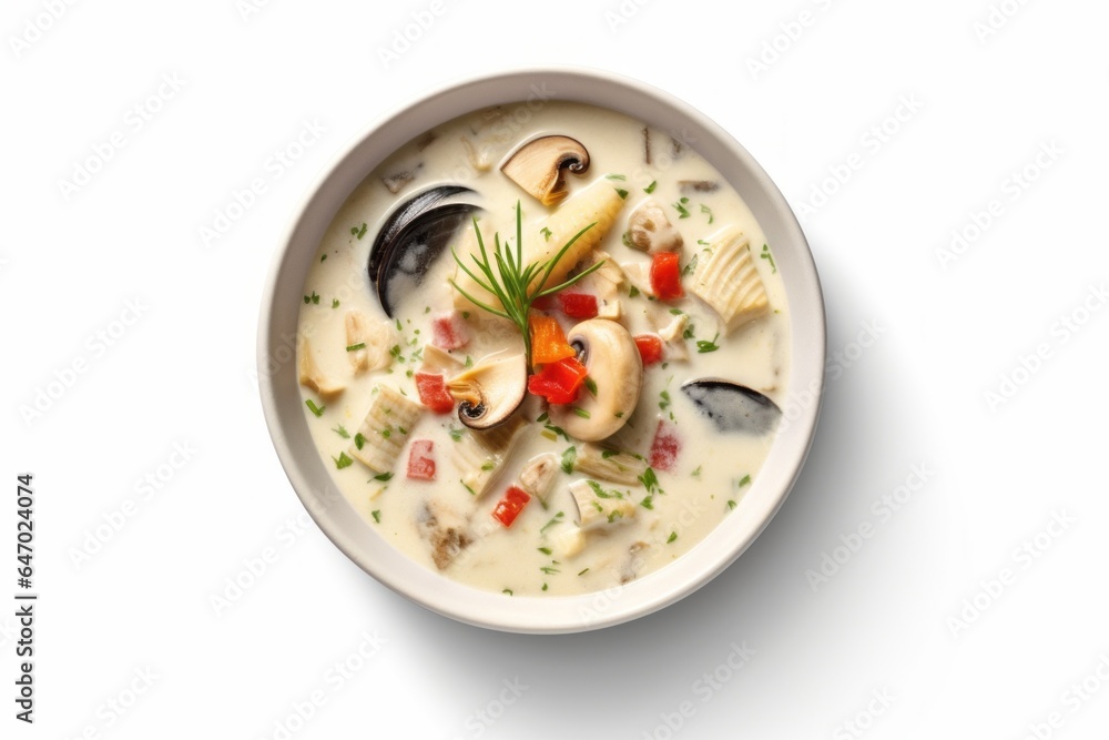 Delicious Clam chowder. Traditional American cuisine. Popular authentic dishes. Background with selective focus Delicious Clam chowder. Traditional American cuisine. Popular authentic dishes. Background with selective focus