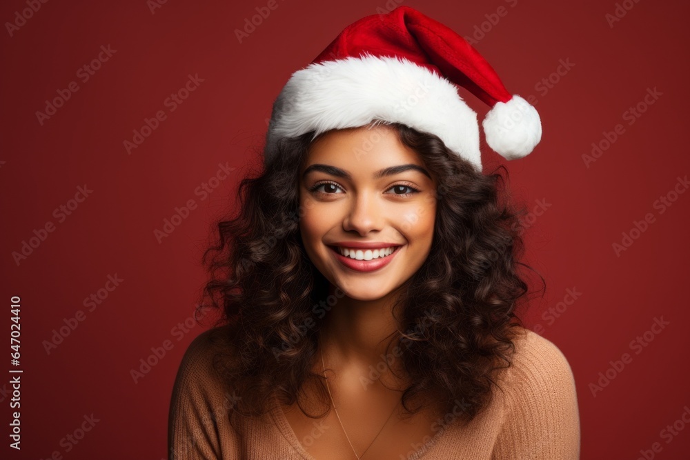 Portrait of a beautiful woman wearing a red Santa hat Portrait of a beautiful woman wearing a red Santa hat