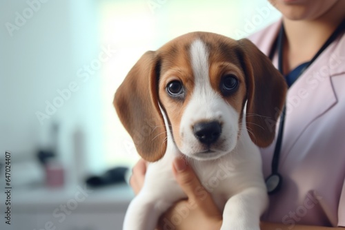 Cute puppy in the hands of a veterinarian. Pet portrait with selective focus