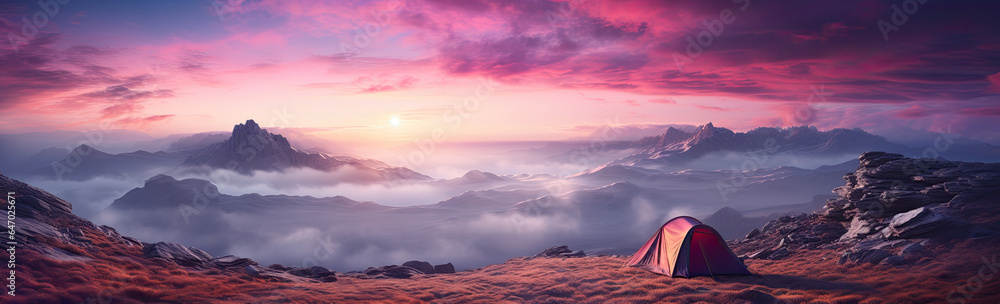 Camping tent on the top of the mountain in the rays of the rising sun. created by generative AI technology.
