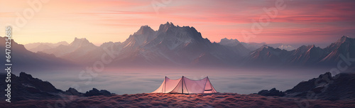 Tourist tent in the mountains at sunset. created by generative AI technology.