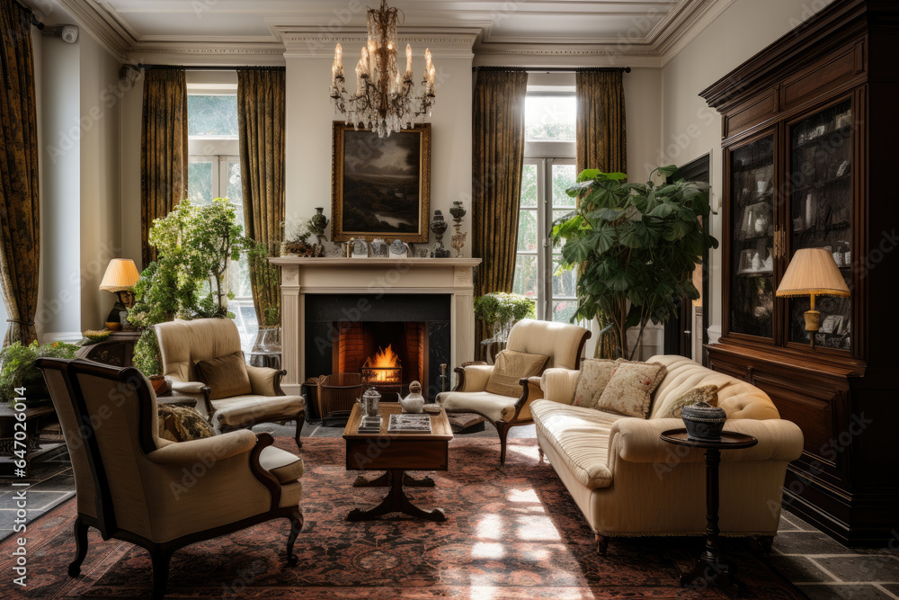 Elegant Colonial Style Living Room Interior with Classic Furnishings and Vintage Charm