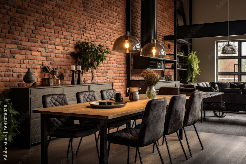 A Sophisticated Urban Dining Room with Exposed Brick and Industrial Elements Creating a Contemporary Ambiance