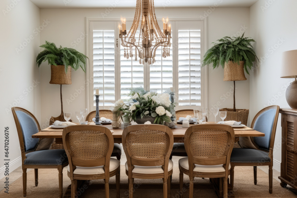 A Cozy Mediterranean Coastal Dining Room with Warm Earth Tones and Nautical Accents
