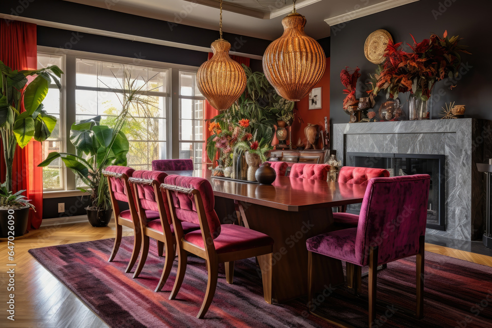 Obraz premium A Luxurious Bohemian Glam Dining Room Interior with Vibrant Colors and Luxurious Textures