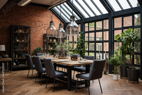 A Chic Industrial Dining Room with Exposed Brick and Metal Accents  Combining Rustic Charm and Modern Elegance