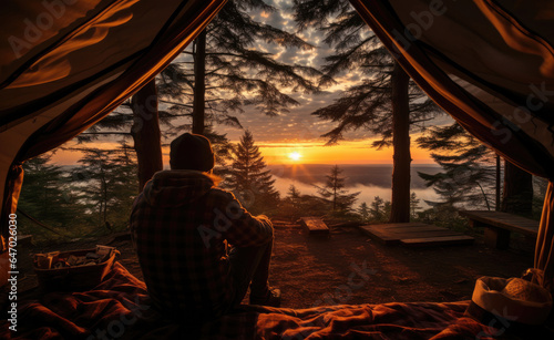 Man sitting in a tent and looking at the sunset in the forest. created by generative AI technology.