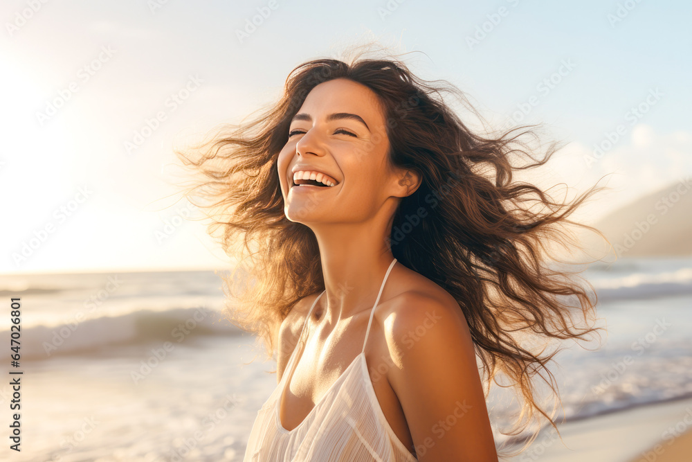 Blissful happy woman on a beach vacation, smiling and enjoying