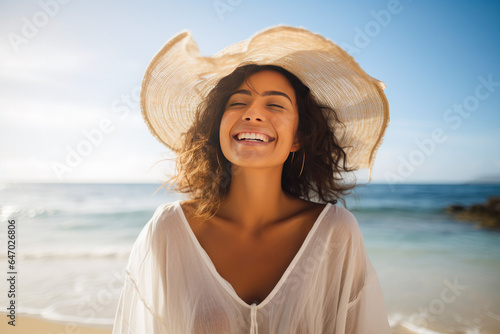 Blissful happy woman on a beach vacation, smiling and enjoying