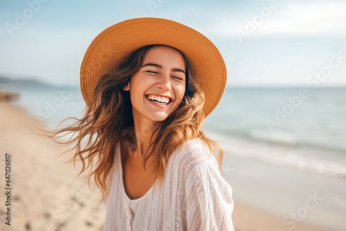 Blissful happy woman on a beach vacation, smiling and enjoying