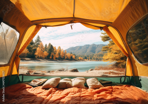 Camping tent on the lake in autumn forest. View from inside. created by generative AI technology.