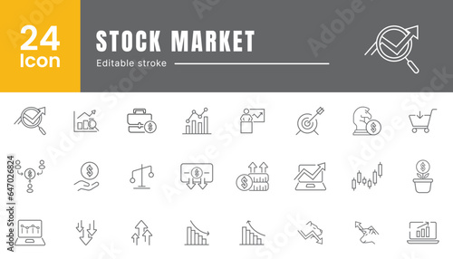 Set of web icons in line style. Stock market icons for web and mobile app. Currency, finance, growth, chart, etc.