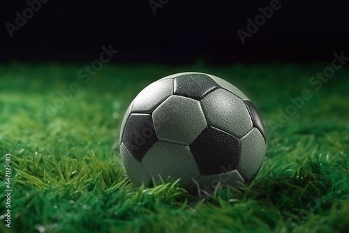 Black and white soccer ball on a green field with grass close-up.
