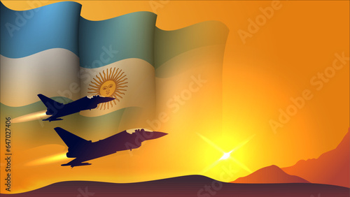 fighter jet plane with argentina waving flag background design with sunset view suitable for national argentina air forces day event