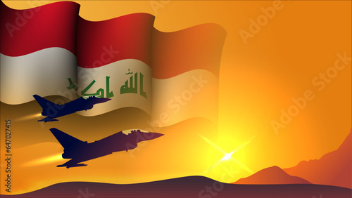 fighter jet plane with iraq waving flag background design with sunset view suitable for national iraq air forces day event