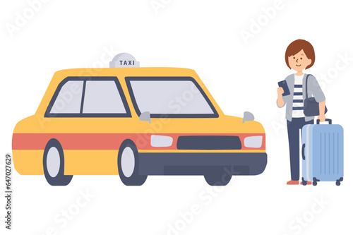 スマホアプリでタクシーを呼ぶ旅行客のイラスト
