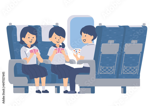 新幹線で修学旅行に行く学生のイラスト