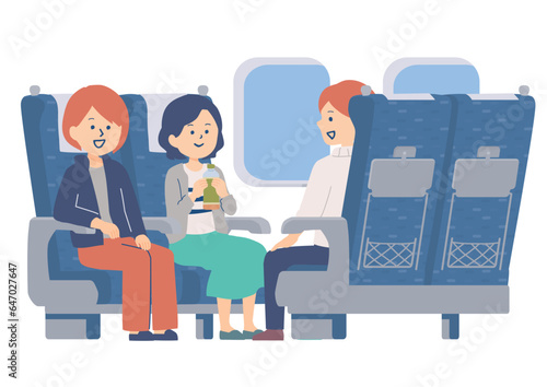 新幹線で旅行に行くグループのイラスト