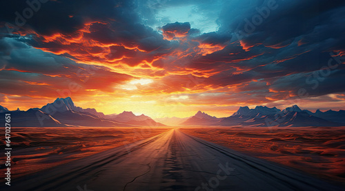 Road in the desert at sunset through the clouds. created by generative AI technology. © hakule
