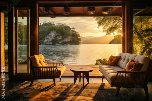 Furniture in a luxury resort with a lake ,golden light, luxurious, travel photography, wood, tropical landscapes.