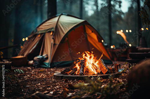 Camping in the forest, bonfire and tent on the background. created by generative AI technology.