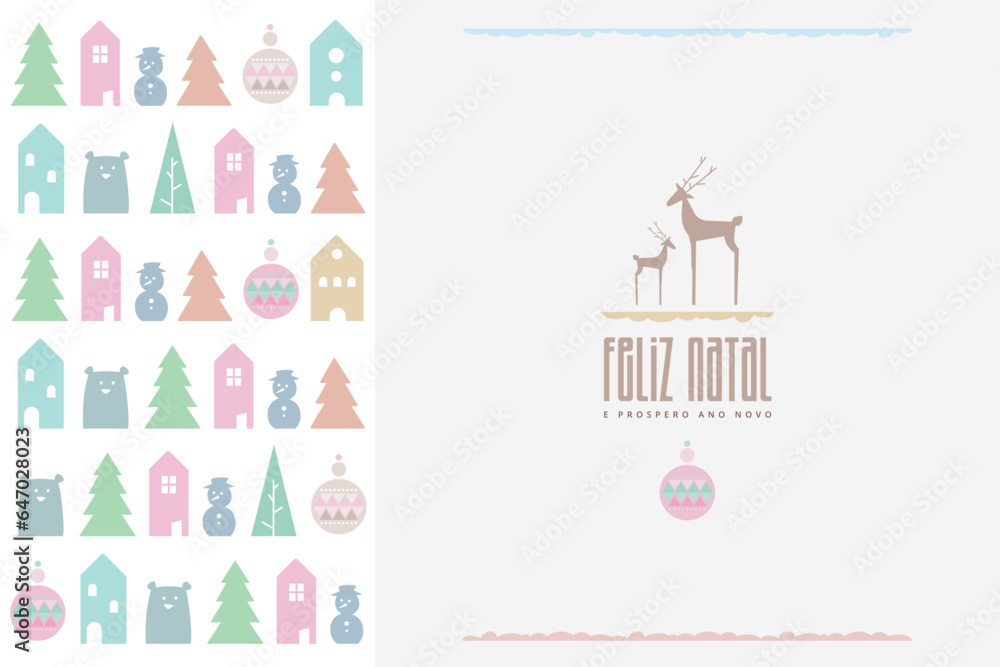 Postal de Feliz Natal e Ano Novo em motivos nordicos e cores pastel. Recurso grafico vetorial.