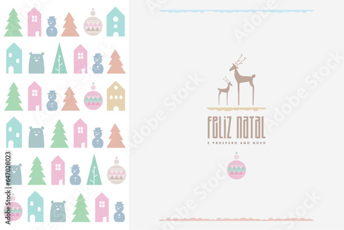 Postal de Feliz Natal e Ano Novo em motivos nordicos e cores pastel. Recurso grafico vetorial.