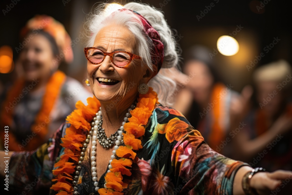 Group of seniors dressed in festive attire dancing in club Group of seniors dressed in festive attire dancing in club