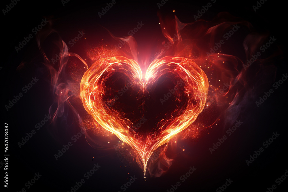 rotes hell leuchtendes Herz aus Licht und Lichteffekten auf dunklem Hintergrund. Generative Ai. - obrazy, fototapety, plakaty 