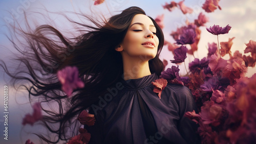 Fototapeta Naklejka Na Ścianę i Meble -  Beautiful long black hair woman with purple flowers