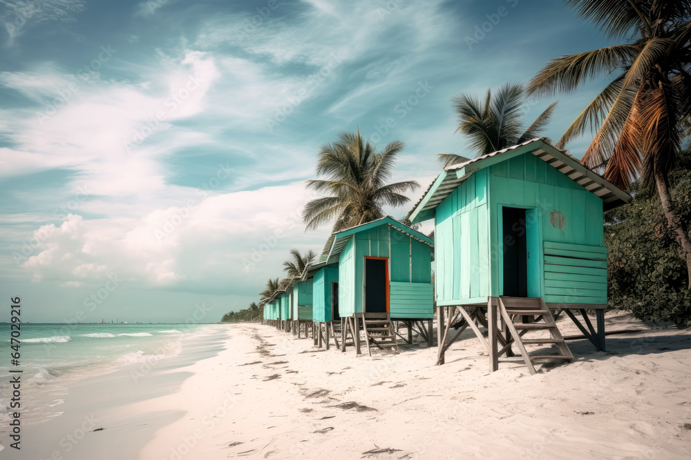 Tropical beach with wooden wooden huts, cottages on a beach in the pacific ocean.