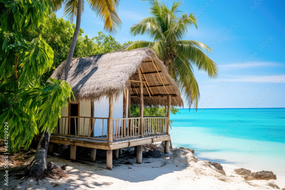 Tropical beach with wooden wooden huts, cottages on a beach in the pacific ocean.