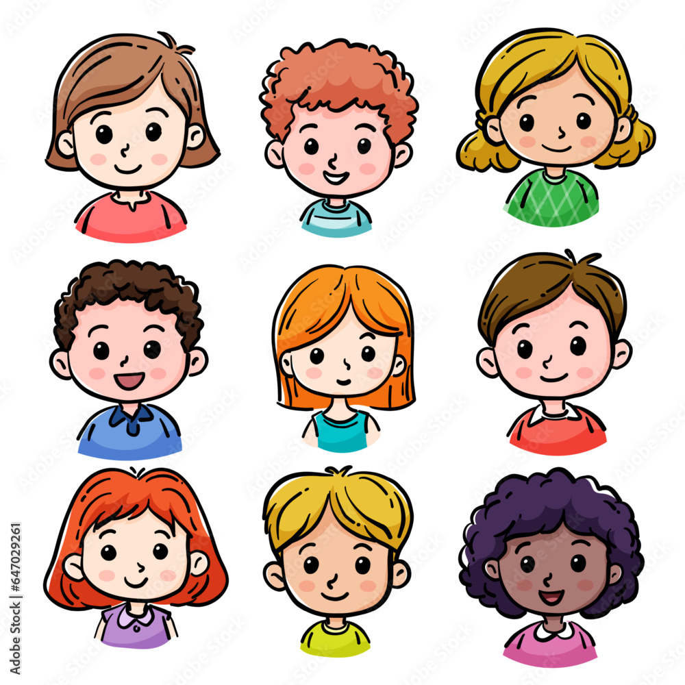 Cartoon children avatars set. Cute faces of boys and girls with different Cartoon children avatars set. Cute faces of boys and girls with different