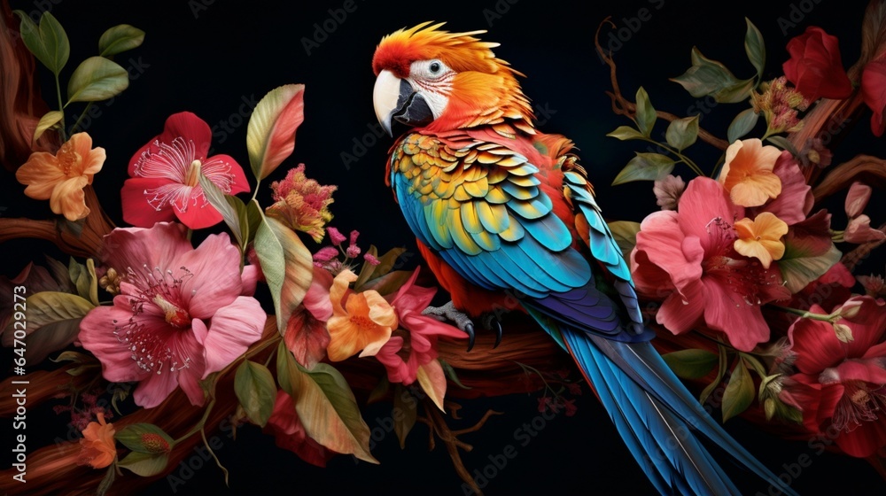 a colorful parrot perched on a blossoming branch, its vibrant feathers contrasting beautifully with the foliage
