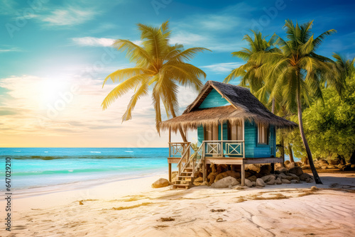 Tropical beach with wooden wooden huts  cottages on a beach in the pacific ocean.
