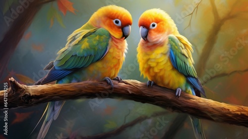 a charming pair of lovebirds nestled together on a branch, their beaks gently touching