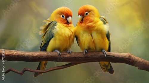 a charming pair of lovebirds nestled together on a branch, their beaks gently touching © ra0