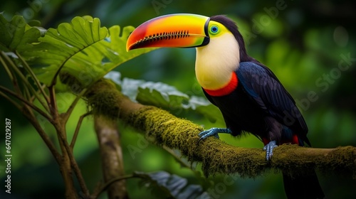 a colorful toucan, its vibrant beak framed by the lush foliage of its tropical habitat