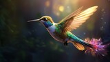 a delicate hummingbird hovering in mid-air, its iridescent feathers shimmering in the sunlight