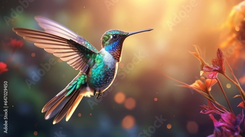 a delicate hummingbird hovering in mid-air, its iridescent feathers shimmering in the sunlight © ra0