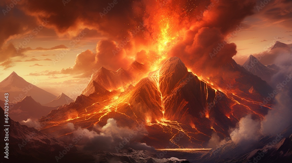 a fiery volcanic eruption, capturing the raw energy and destructive power of geological phenomena