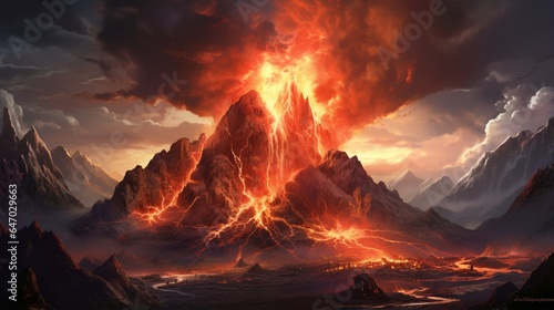 a fiery volcanic eruption, capturing the raw energy and destructive power of geological phenomena