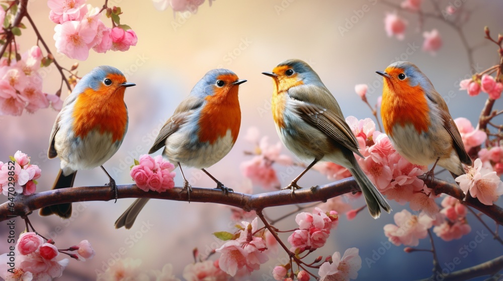 a group of cheerful robins perched on a blossoming cherry tree, their song filling the air with melody