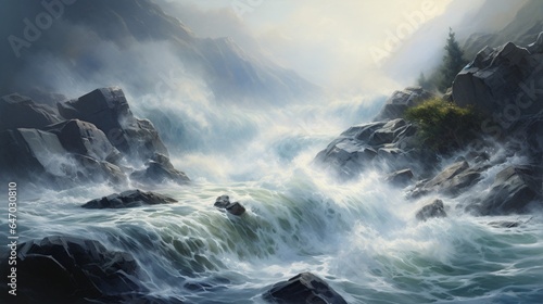 a powerful and turbulent river rapids, with water crashing over rocks and creating frothy white water, showcasing the dynamic nature of watercourses
