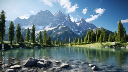 a pristine mountain lake with crystal-clear waters, reflecting the surrounding peaks and forested slopes