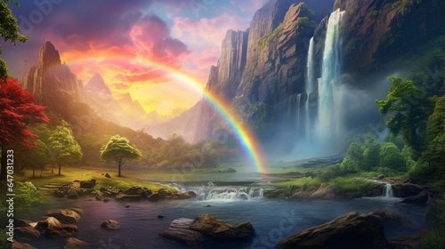 a radiant rainbow arcing across a misty waterfall  with vivid colors blending into the natural surroundings